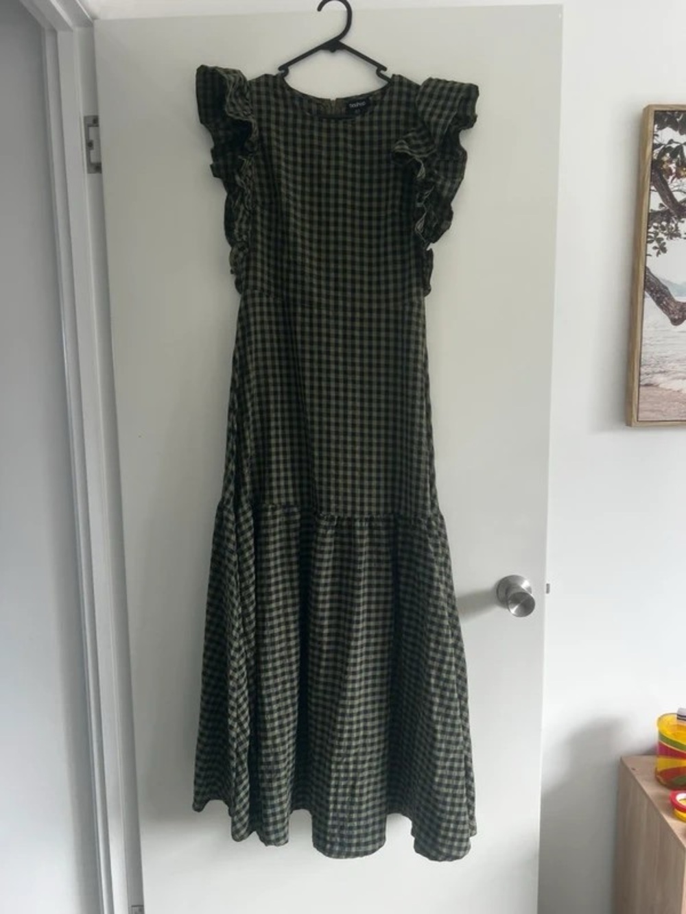 Green Gingham Maxi Dress with Ruffle Sleeves